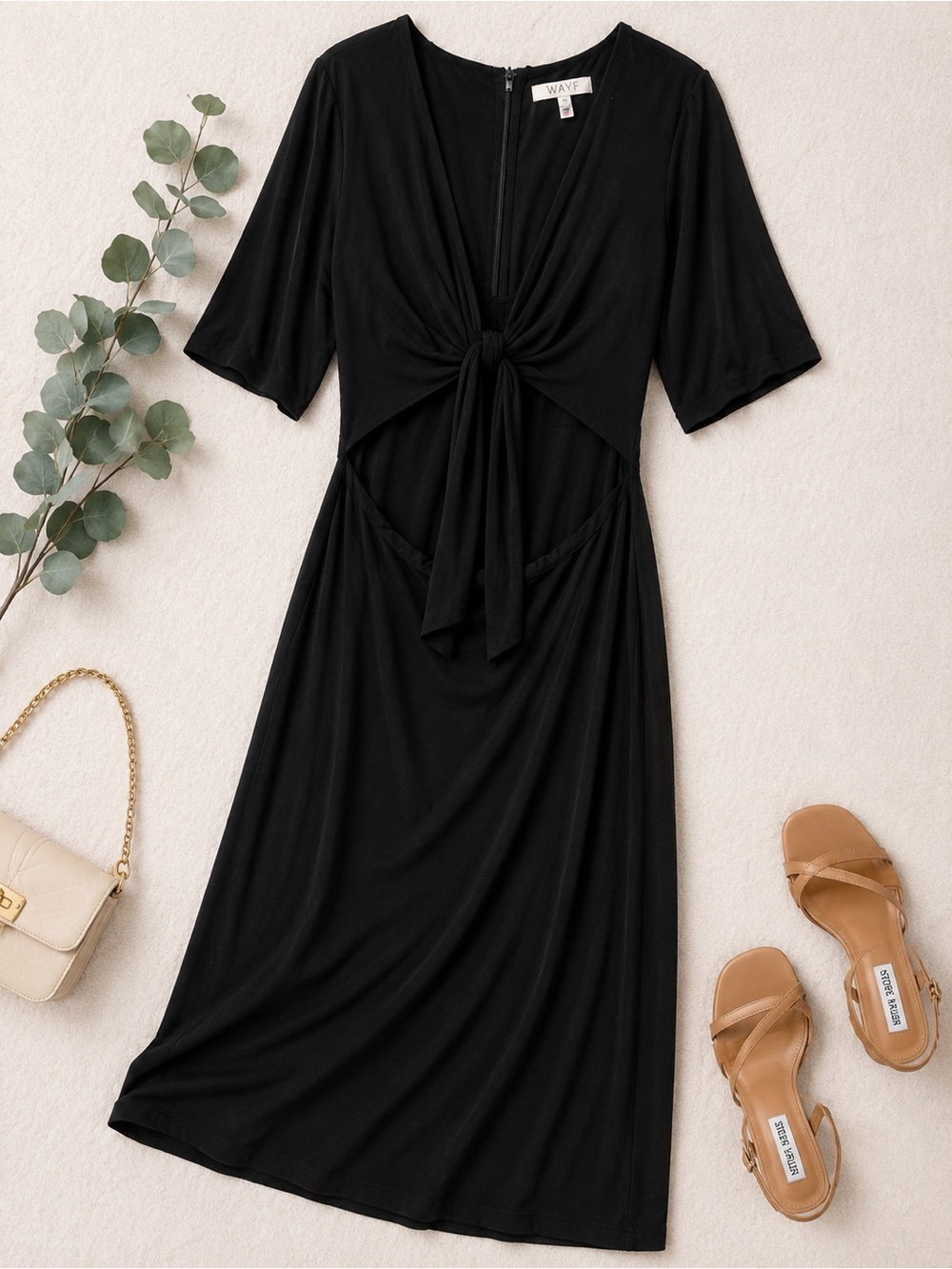 WAYF Black Tie Front Cutout Midi Dress – Size Medium